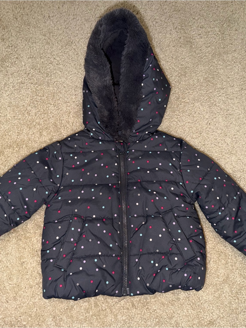 Gymboree Black Puffer Jacket with Multicolor Polka Dots and Faux-Fur Hood